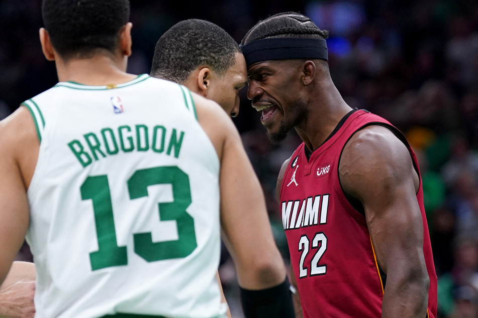 Jimmy Butler (r.) led the fightback the Miami Heat stunned the Boston Celtics 111-105 to take a 2-0 lead in their NBA Eastern Conference finals series.