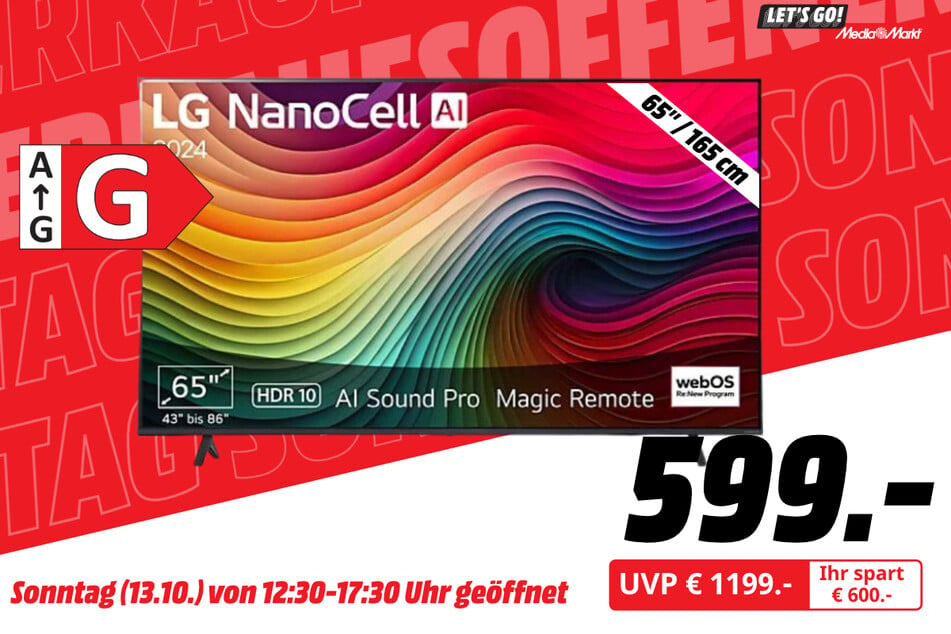 65-Zoll LG-Fernseher 65NANO81T6A 
für 599 statt 1.199 Euro.