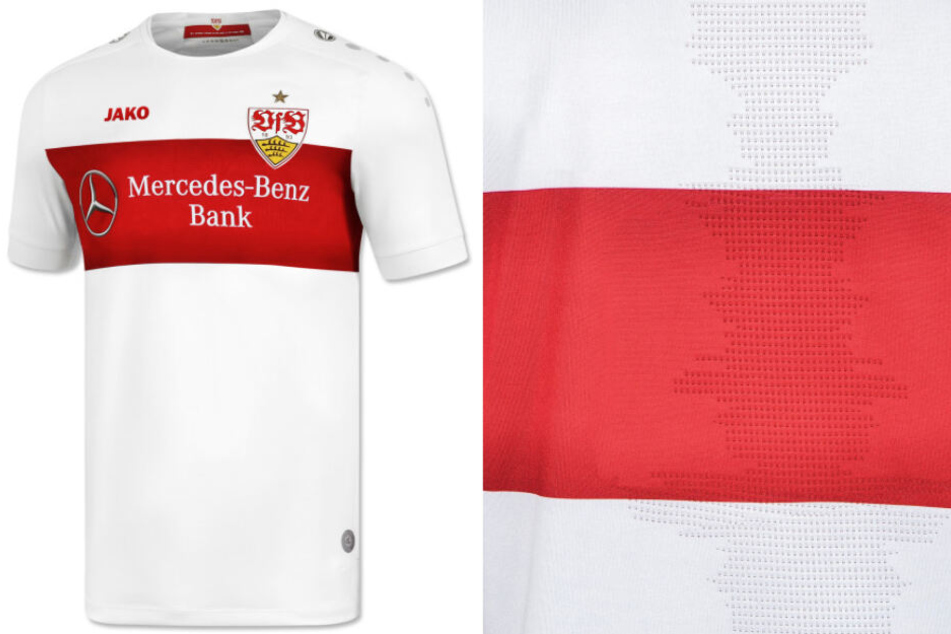 Das neue Heimtrikot des VfB Stuttgart hat wieder den roten durchgezogenen Brustring und unter anderem auf dem Rücken eine vertikale Klangkurve aus der Stadionhymne "Für immer VfB" eingearbeitet (rechts im Bild).