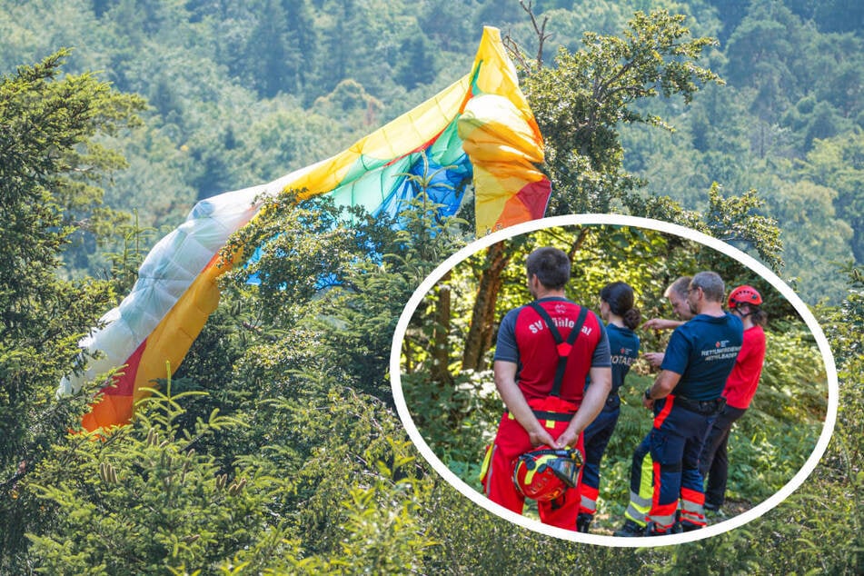 Tandemflug geht schief: Vater und Sohn bleiben mit Gleitschirm in Baumwipfel hängen