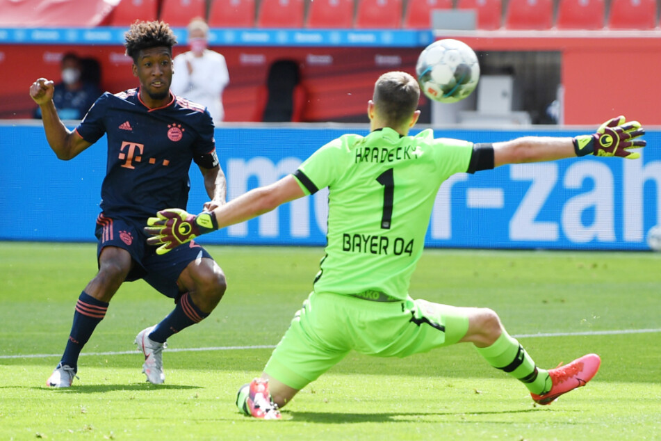 Kingsley Coman läuft alleine auf Keeper Lukas Hradecky zu und trifft zum 1:1-Ausgleich.