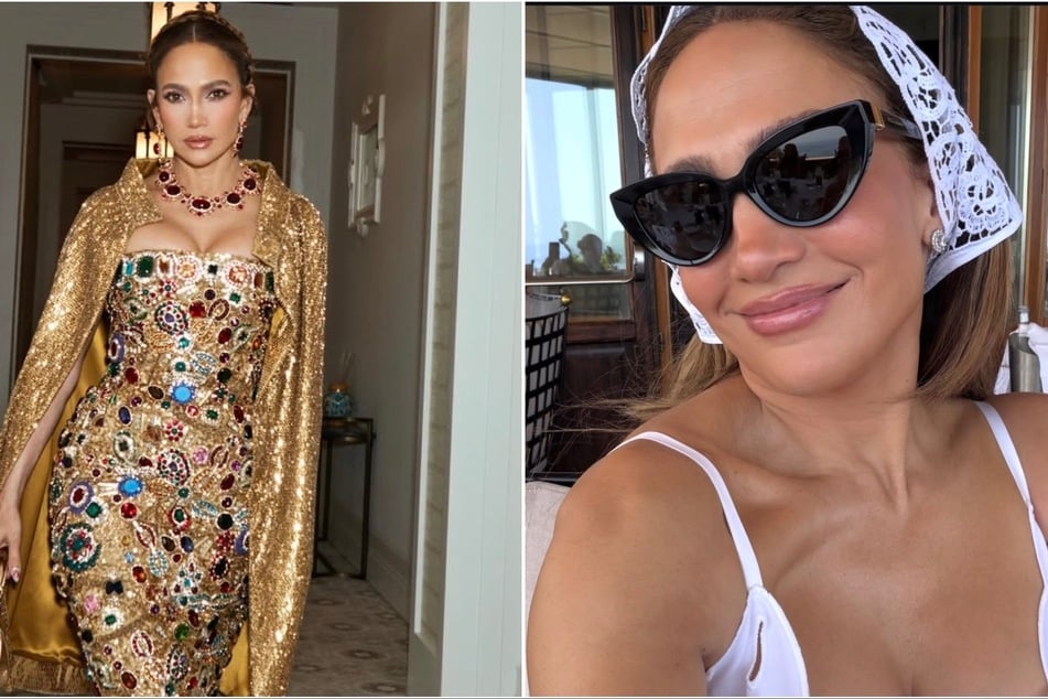 Jennifer Lopez flaunted a custom Dolce & Gabbana dress that featured an array of gems and a gold-embellished cape.