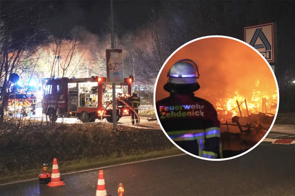 Großbrand in Einkaufskomplex: Aldi und Rewe zerstört – Bundesstraße gesperrt