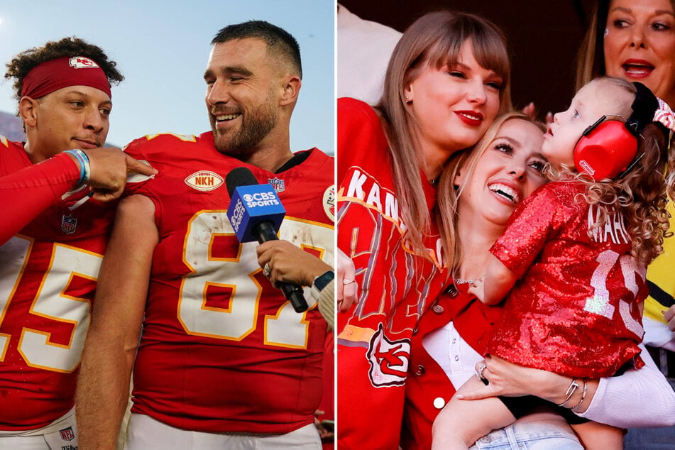 Fans are convinced that Travis Kelce (center l.) gifted Taylor Swift (center r.) custom Chiefs sneakers as part of a team tradition.