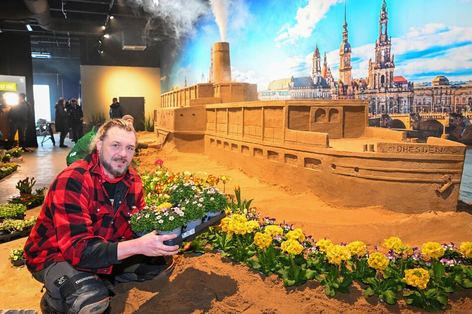 Gärtnermeister David Gehrisch (48) lässt den Sanddampfer in einem Blütenmeer schwimmen.