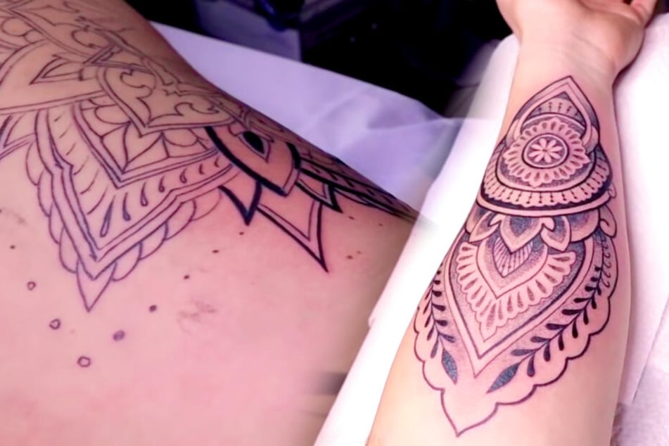 Auf YouTube zeigt Henning Merten die (fast) fertigen Tattoos. Links das Kunstwerk seiner Freundin Denisé, rechts seine eigene neue Tätowierung.