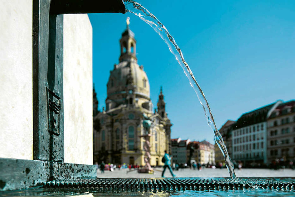 Wenn alle Brünnlein fließen: Der Trinkbrunnen auf dem Dresdner Neumarkt lädt zum Erfrischen ein.
