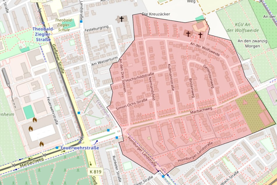 Dieser Screenshot zeigt den Evakuierungsbereich rund um den Fundort der Weltkriegsbombe in Frankfurt-Preungesheim.
