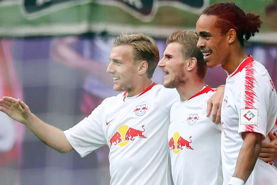 Ohne sein Top-Trio Emil Forsberg, Timo Werner und Yussuf Poulsen (v.l.n.r.), aber mit einer erneuten "Beton-Abwehr" will Fußball-Bundesligist RB Leipzig das Überwintern in der Europa League perfekt machen.
