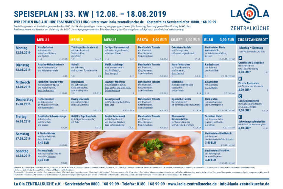 Einfach klicken und den Speiseplan für die 33. Kalenderwoche (12. bis 18. August 2019)