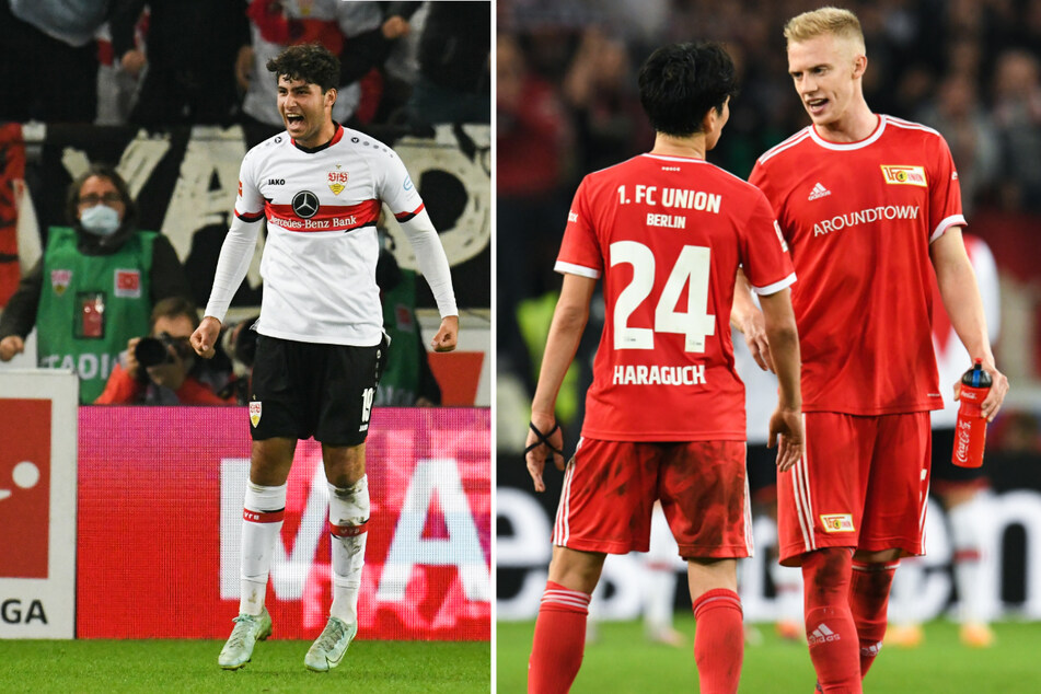 Stuttgarts Wahid Faghir (l.) trifft mitten ins Unioner Herz. Ex-Stuttgarter Timo Baumgartl (r.) hatte noch entscheidend abgefälscht.