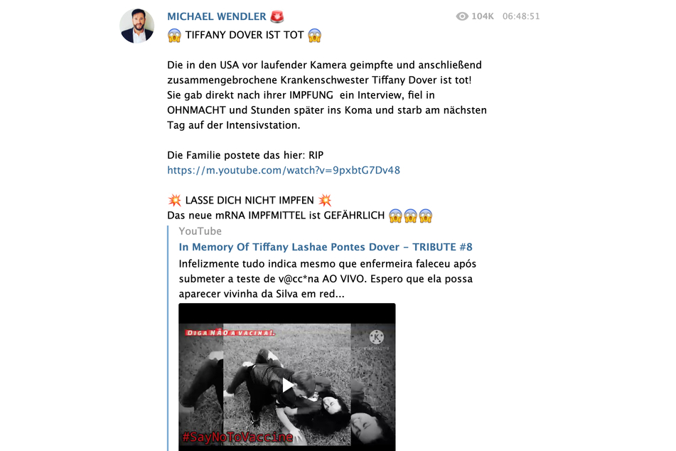 Der Wendler behauptet, Tiffany Dover sei an den Folgen einer Corona-Schutzimpfung gestorben.