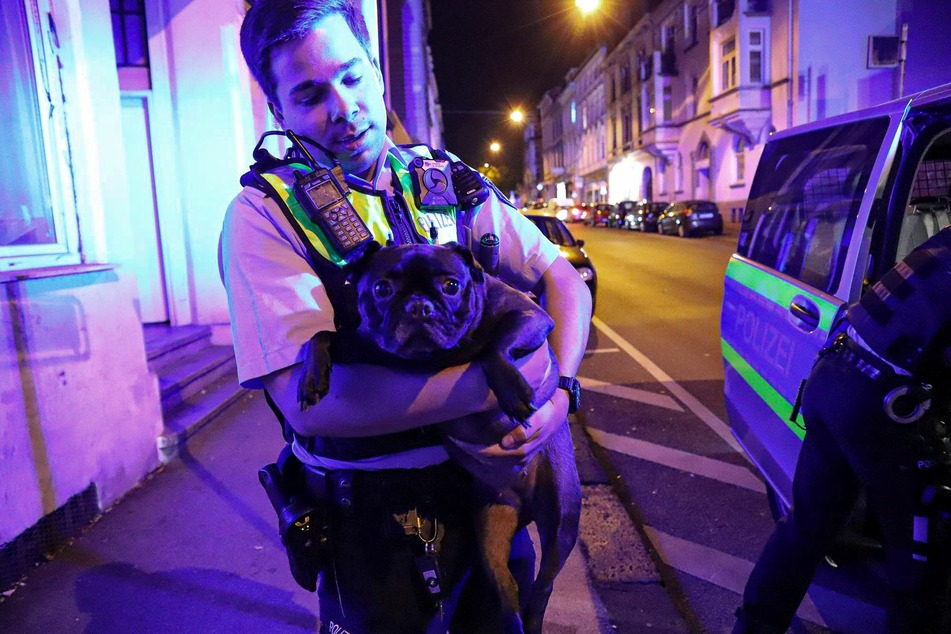 Ein Polizist kümmert sich um den geretteten Hund.