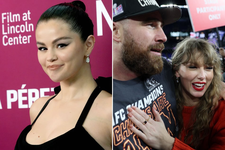 Swifties are convinced Selena Gomez (l.) snuck an Easter egg of her own into the latest episode of Only Murders in the Building giving a nod to Taylor Swift (r.) and Travis Kelce.