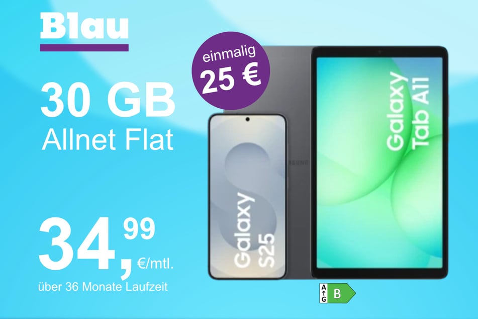 Das Samsung Galaxy S25 mit gratis Tab A11 im Blau Allnet L für einmalig 25 Euro.