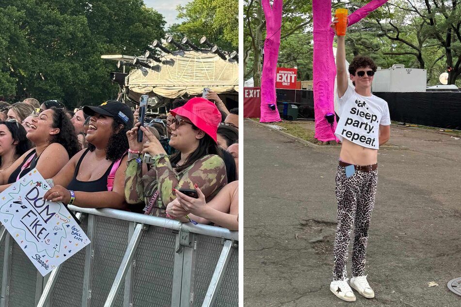 Fans of Dominic Fike watch his set front row (l.). A fan wears their motto for the festival.