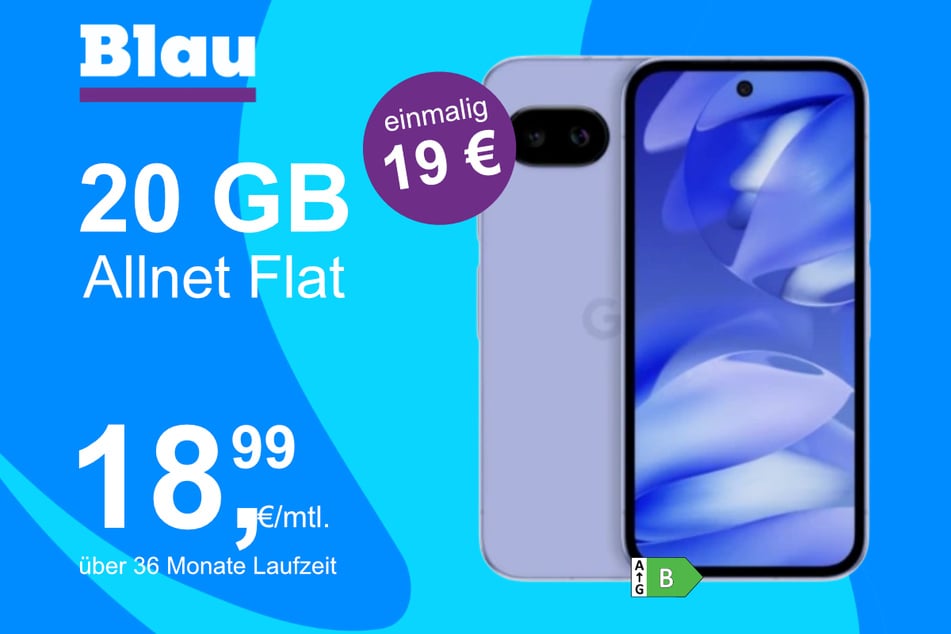 Das Google Pixel 9a im Blau Allnet M für einmalig 19 Euro.