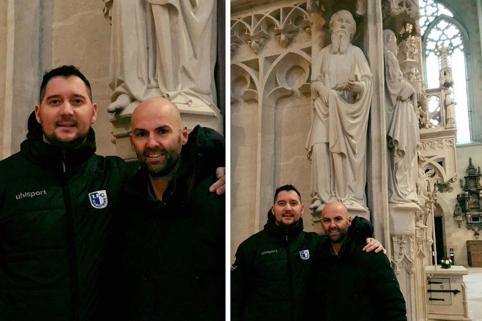 Inzwischen trägt sogar der Heilige Paulus im Magdeburger Dom eine Rolle mit Marcels (l.) und Pauls Geschichte, dank ihrer Spende zur Restauration.
