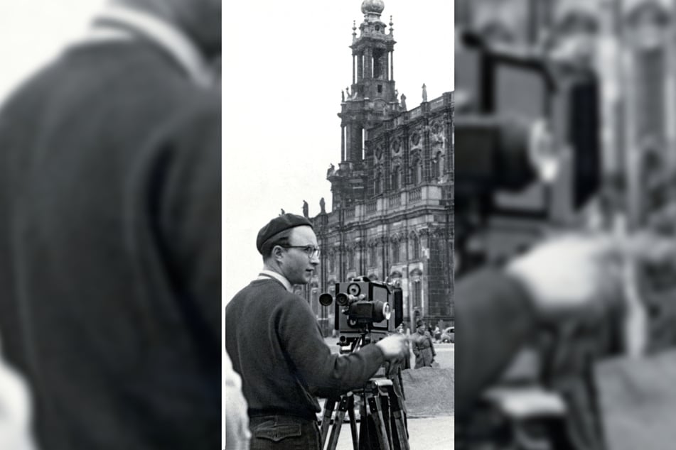 Ernst Hirsch 1956 bei Dreharbeiten in der Dresdner Altstadt.