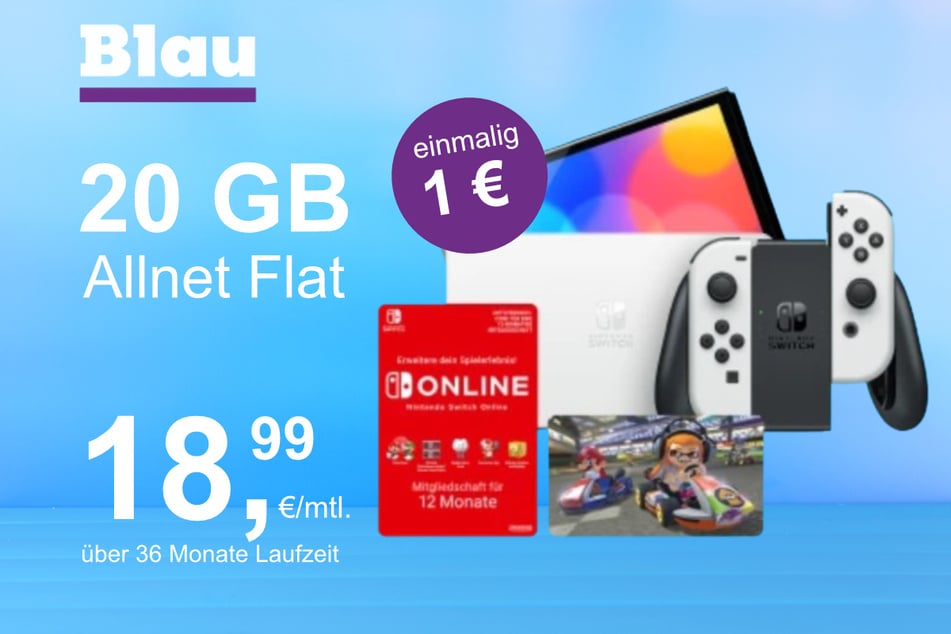 Die Nintendo Switch OLED + Mario Kart 8 im Blau Allnet M inkl. 20 GB für einmalig nur 1 Euro.