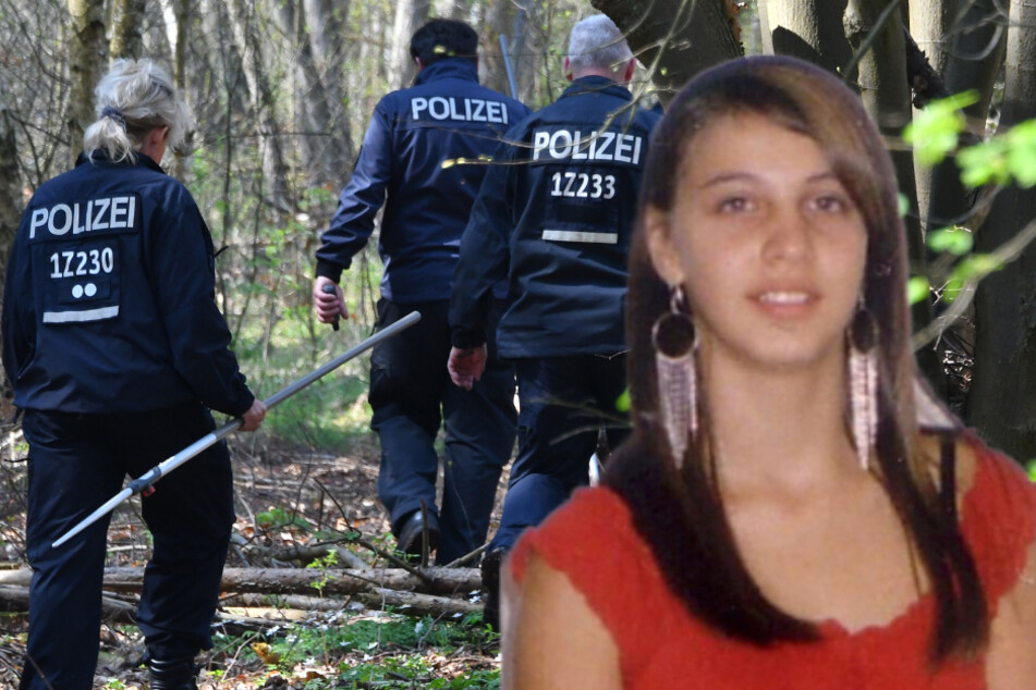 Polizeibeamte suchen in einem Waldgebiet bei Brieselang nach Spuren der vermissten Georgine Krüger.(Bildmontage)