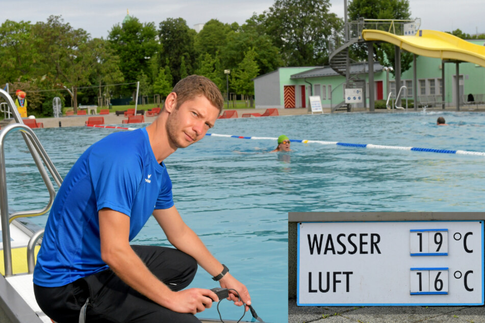Im Arnhold-Bad misst Bademeister Stefan Heidel (33) die Wassertemperatur. Mit 19,1 Grad Celsius was das Wasser drei Grad wärmer als die Luft.