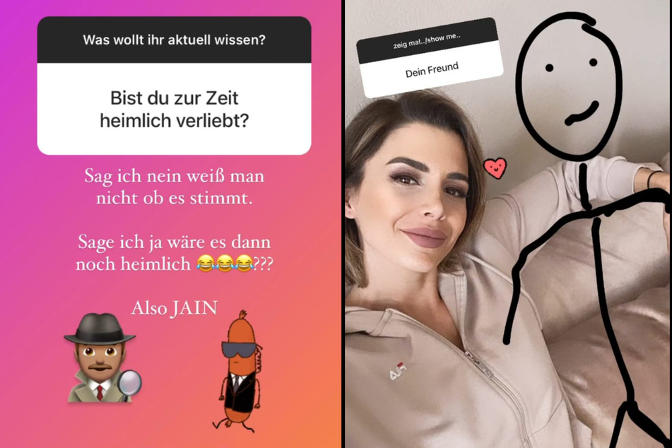 Andrej Mangold (34) antwortet auf eine pikante Instagram-Frage rätselhaft, während Andrina Santoro (28) mit einem Strichmännchen kuschelt. (Fotomontage)