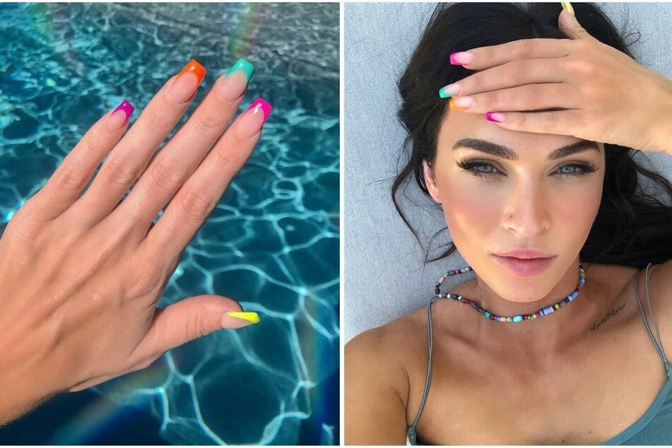 Megan Fox celebrates Pride month with rainbow-colored nails.