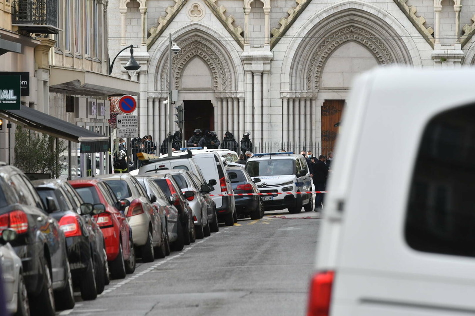 Law enforcement at the scene of the attack, Nice's Basilica of Notre Dame.