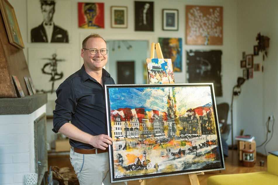 Marketing-Profi Steffen Schuster (37) präsentiert im Keller-Atelier ein neues Kunstwerk.