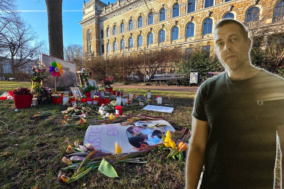 Vorm Landgericht Dresden hatten mehrere Menschen Blumen und Kerzen in Gedenken an die verstorbene Emma (†21) niedergelegt. Vater Patrick Drebenstedt kann noch immer nicht trauern. (Archivbild)