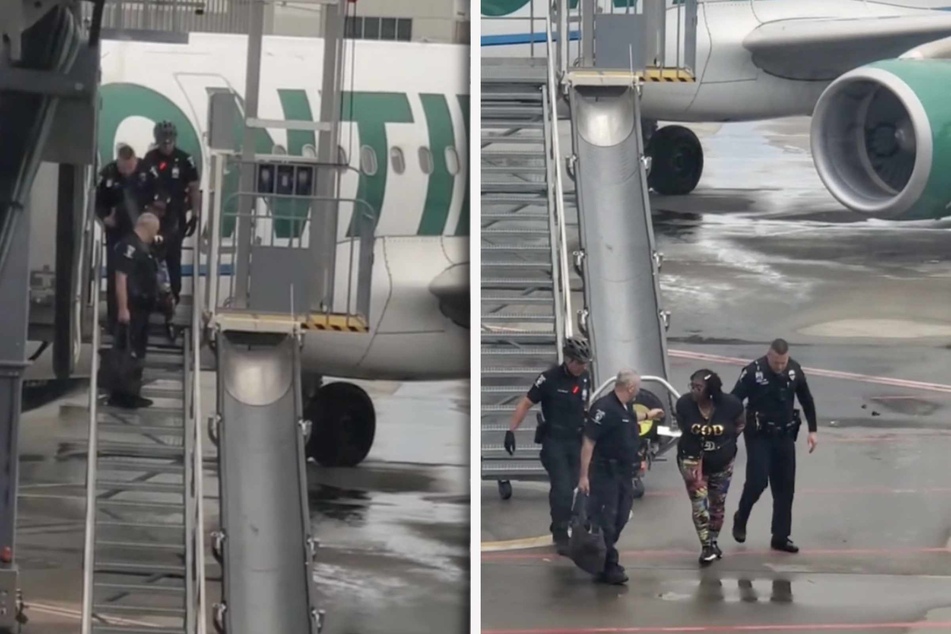 Die Frau wurde von der Polizei aus dem Flugzeug geholt und zu einem Einsatzfahrzeug gebracht.