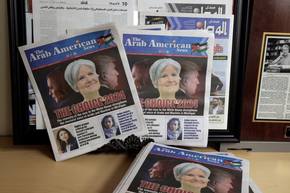 The front cover of the Arab American News with the lead story of "The Choice 2024," featuring the Green Party's Dr. Jill Stein front and center, is seen in the newspaper's office in Dearborn, Michigan.