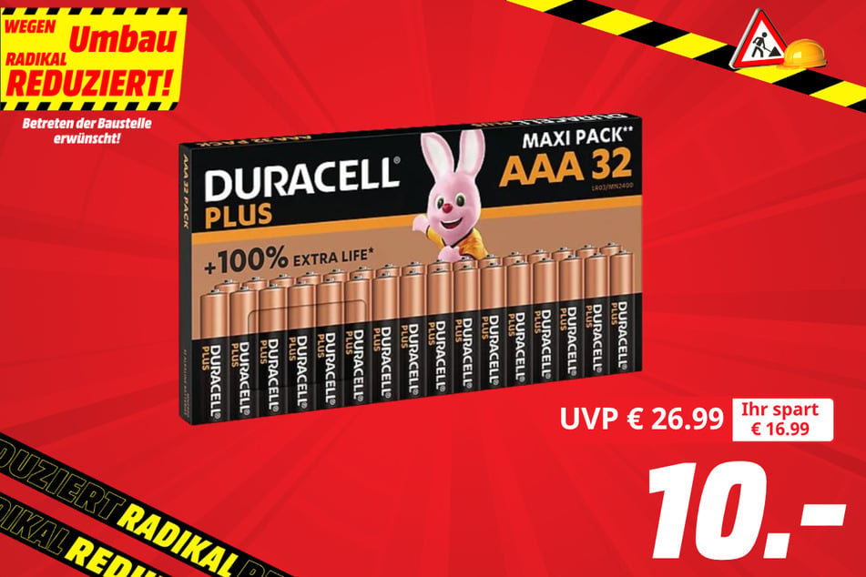 Duracell-Batterien Plus AAA (32er Pack) für 10 statt 26,99 Euro.