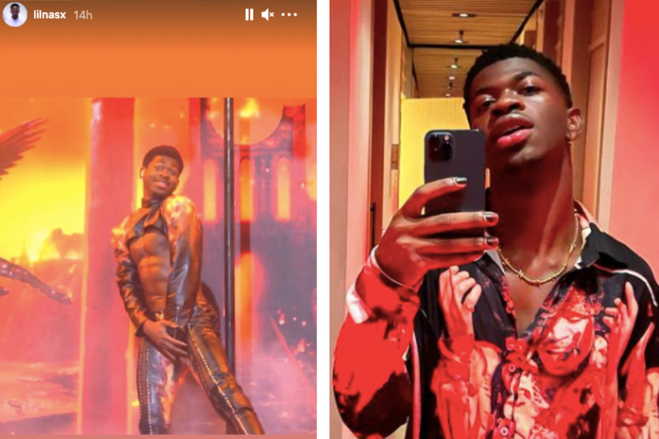Lil Nas X shared a photo (l.) in his Insta Story of the mortifying moment when he realized his pants had ripped.