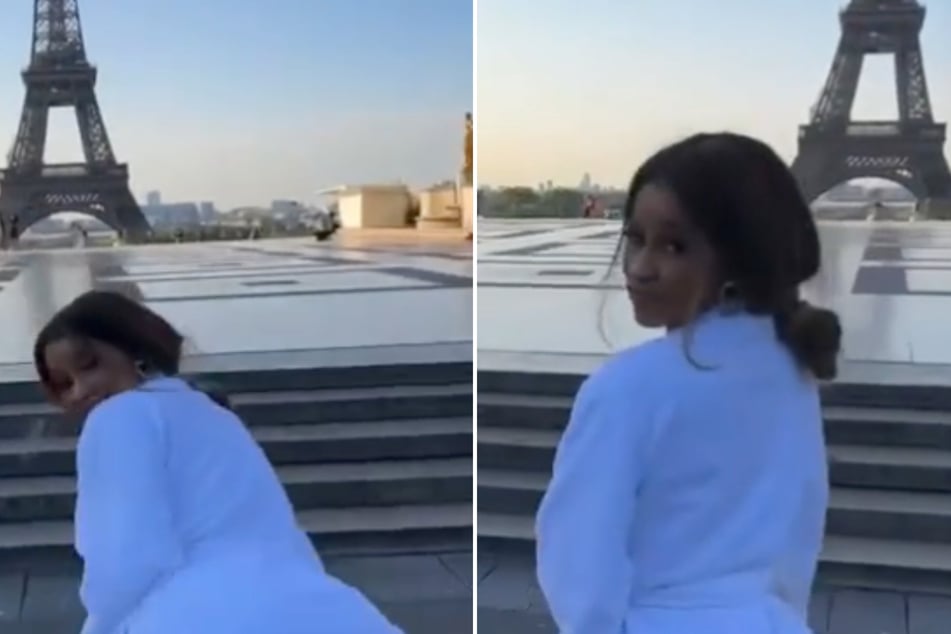 Cardi B shows off her twerk skills in front of the Eiffel Tower.
