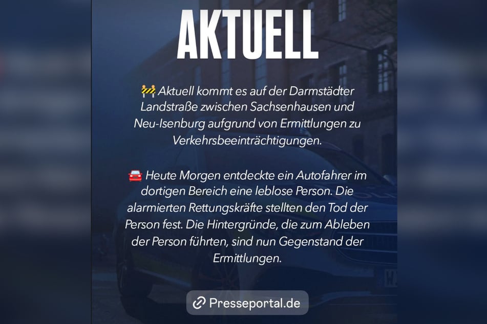 Mit einer Instagram-Story wies die Frankfurter Polizei auf die Verkehrsbehinderungen auf der Darmstädter Landstraße hin.
