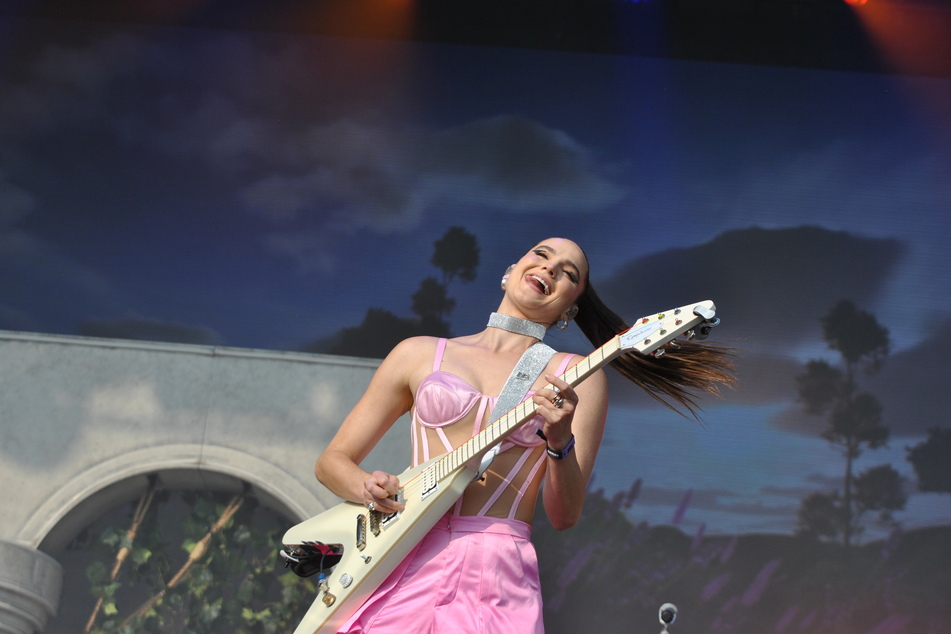 Sophie Hawley-Weld of SOFI TUKKER jams during the duo's Day 3 set at Governors Ball Music Festival in Queens, New York on Sunday, June 11, 2023.