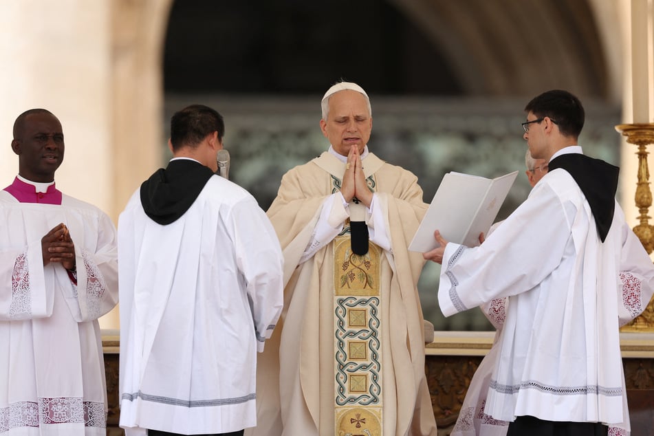 Pope Leo XIV leads the Regina Caeli prayer following his inaugural mass in St. Peter's Square at the Vatican on May 18, 2025.