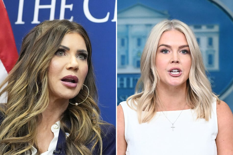 In a recent social media post, Karoline Leavitt (r.) reacted to rumors that President Donald Trump is planning to fire members of his cabinet, including Kristi Noem (l.).