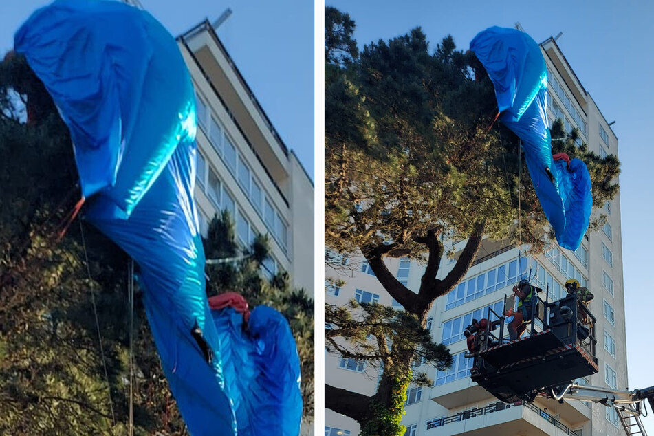 Gleitschirmflieger springt von Wohnhaus und verheddert sich im Baum: Feuerwehreinsatz!