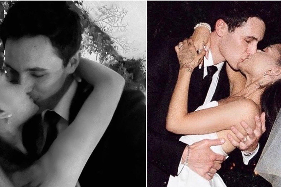 Ariana Grande (r.) shared photos of her marriage to Dalton Gomez on May 17 in a very private ceremony.