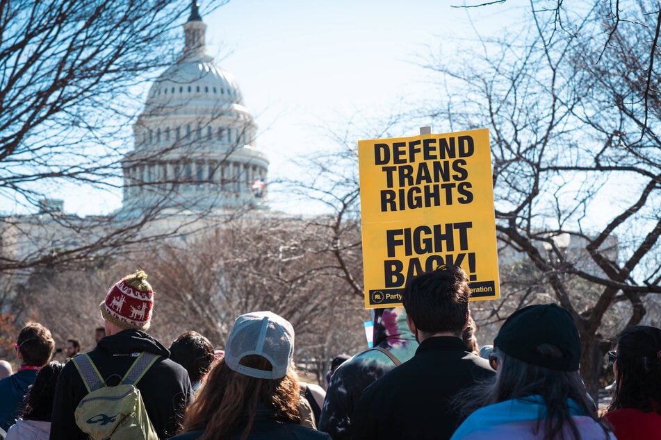 Protesters rally for trans rights near the US Capitol in Washington DC on March 1, 2025.