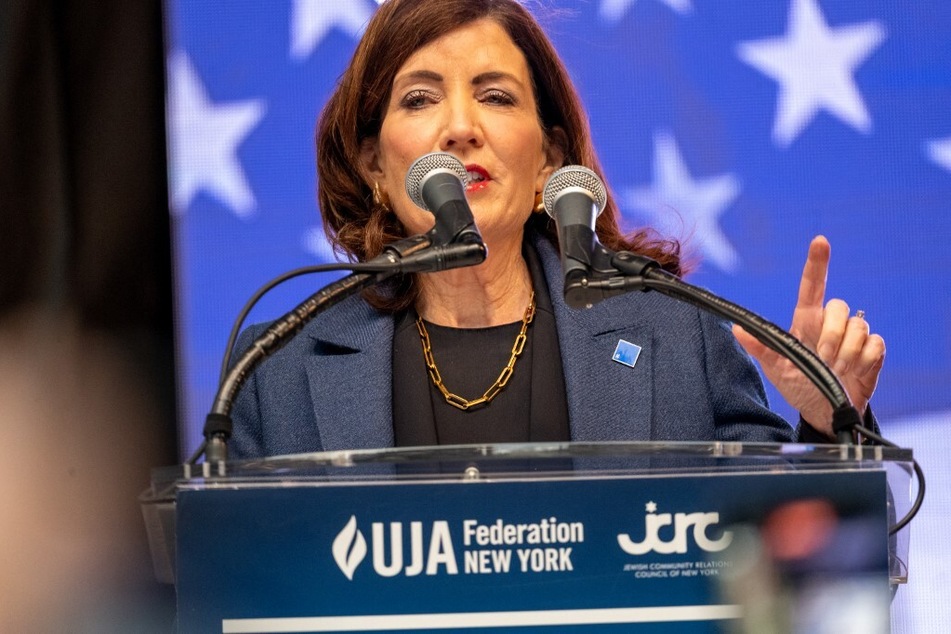 Governor Kathy Hochul speaks at a "New York Stands With Israel" vigil and rally in New York City.