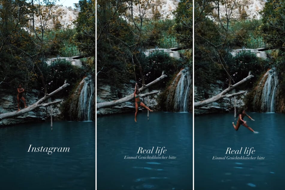 Instagram vs. Reality: Von Eleganz kann bei Sarahs Sturzflug wahrlich nicht die Rede sein.