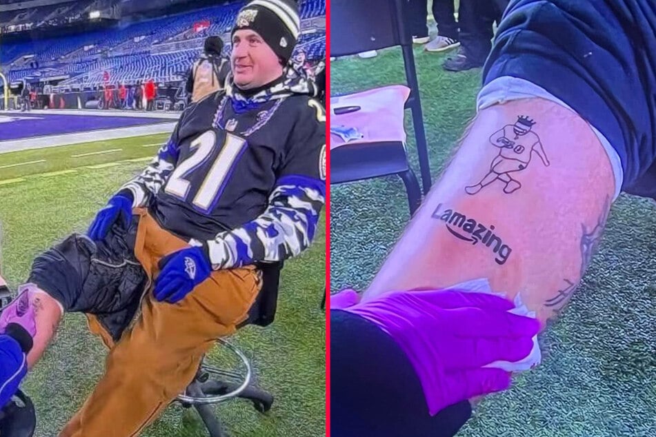 Fan gets 45th Baltimore Ravens tattoo after their playoff win