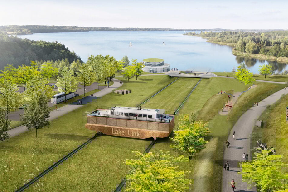 Ein mit Wasser gefüllter Trog soll Schiffe über Gleise transportieren.