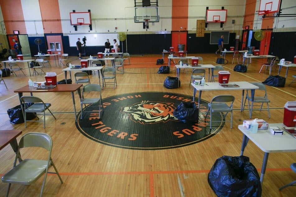 Medical supplies are arranged on the tables before the opening of a monkeypox mass vaccination site at the Bushwick Educational Campus in Brooklyn.