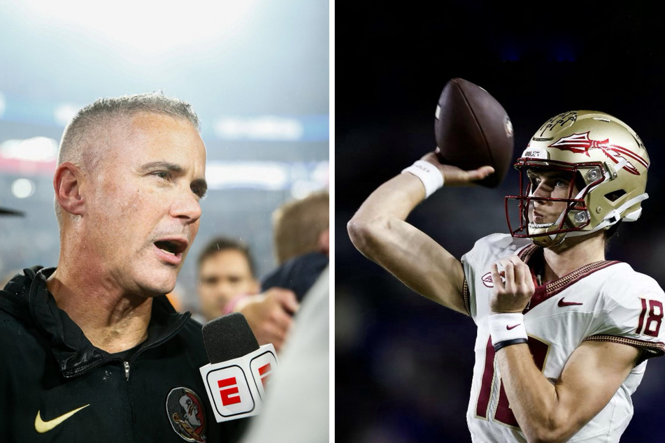Florida State coach Mike Norvell (l.) might be the main reason quarterback Tate Rodemaker (r.) left the team before the Orange Bowl, leading to the team's roster shakeup.