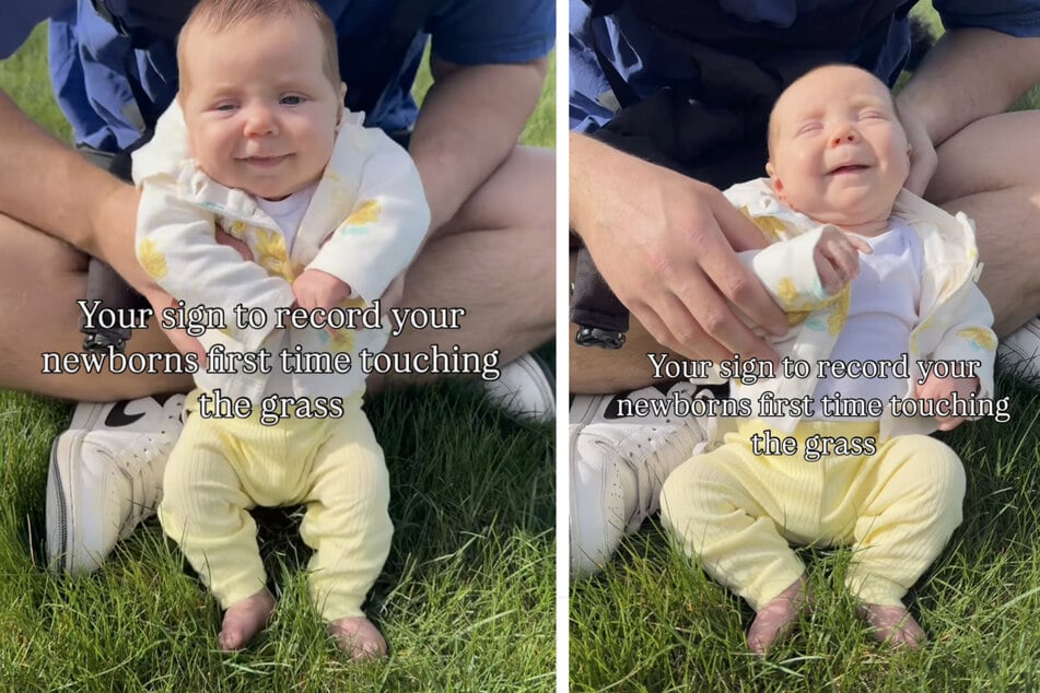 Zdá se, že dítěti se líbí dotek rostlin na bosých nohách.